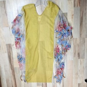 Elegant Yellow Kimono Embroidered Sheer Butterfly‎ Sleeves Floral Design